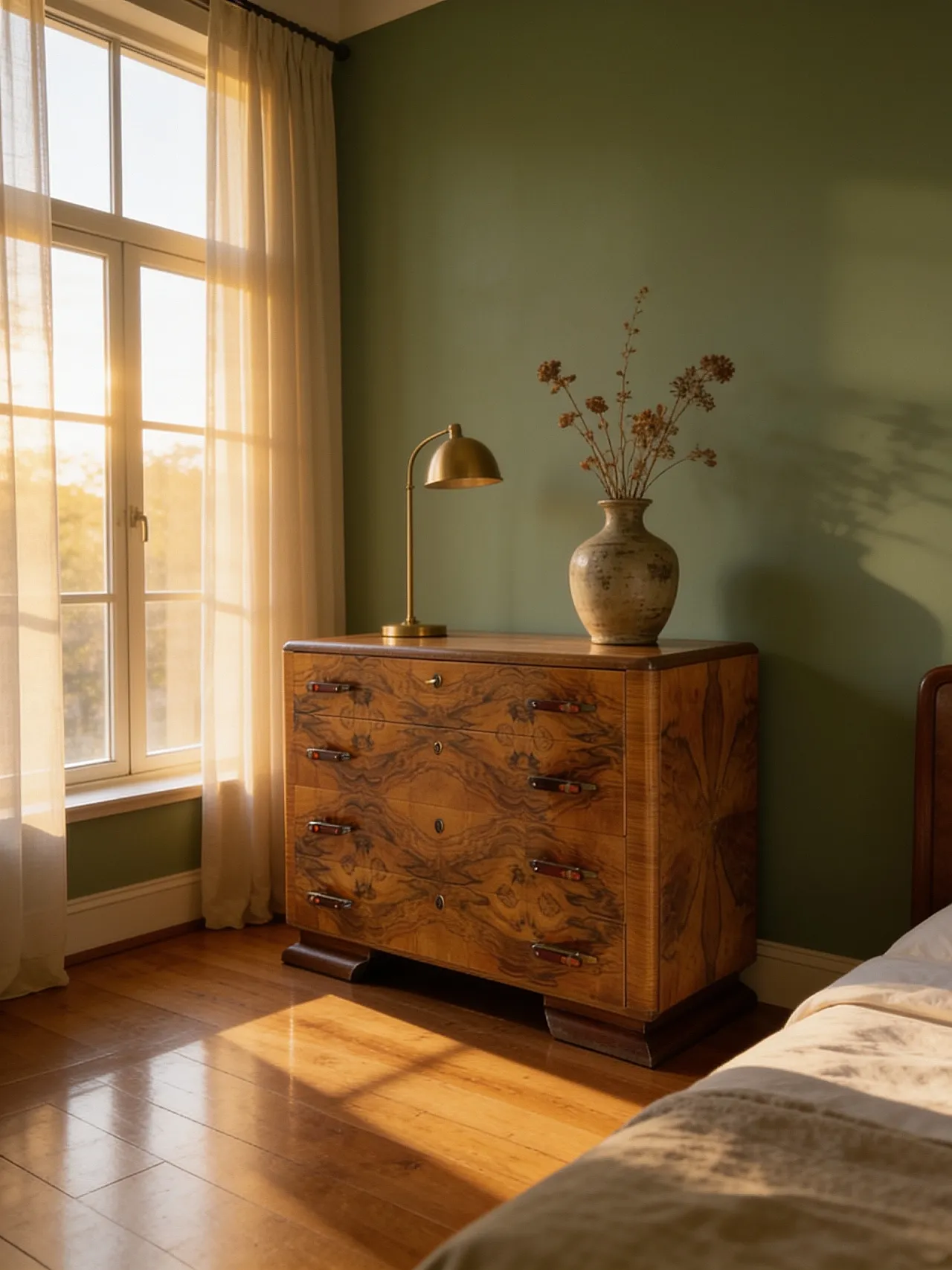 Italian art deco burl walnut chest of drawers, 1940s 50