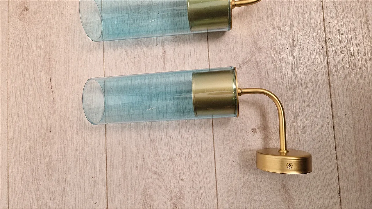 Coppia di lmpade da parete in ottone con tubo in vetro blu, anni '90 9