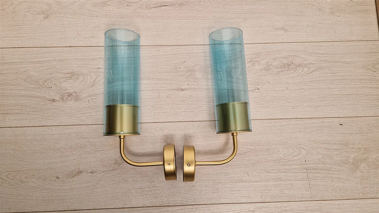 Coppia di lmpade da parete in ottone con tubo in vetro blu, anni '90 10
