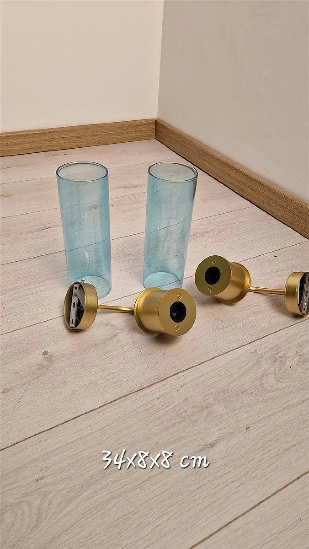 Coppia di lmpade da parete in ottone con tubo in vetro blu, anni '90 11