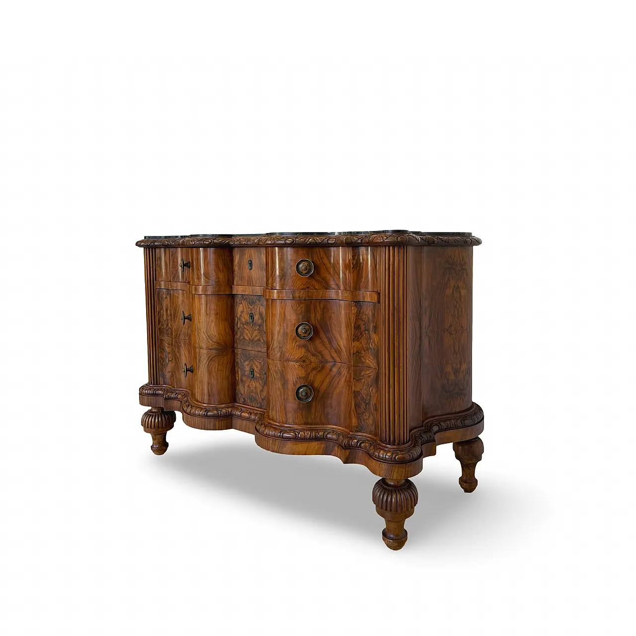 Walnut serpentine commode, 1930s 15