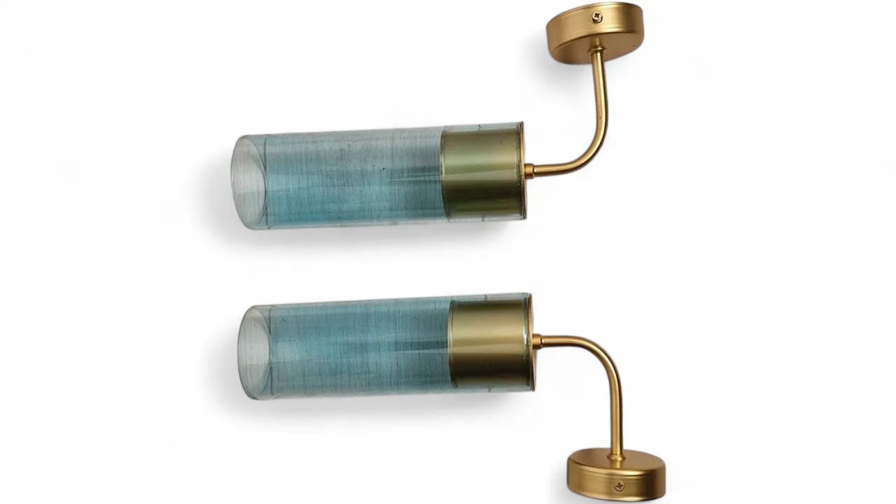Coppia di lmpade da parete in ottone con tubo in vetro blu, anni '90 15