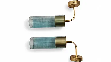 Pair of wall lamps in brass with blue glass tube, 1990s