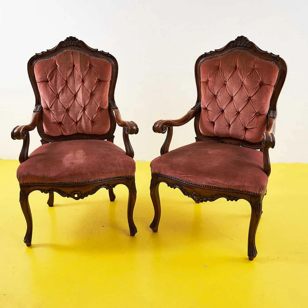 Pair of wooden and velvet armchairs, 1970s 1