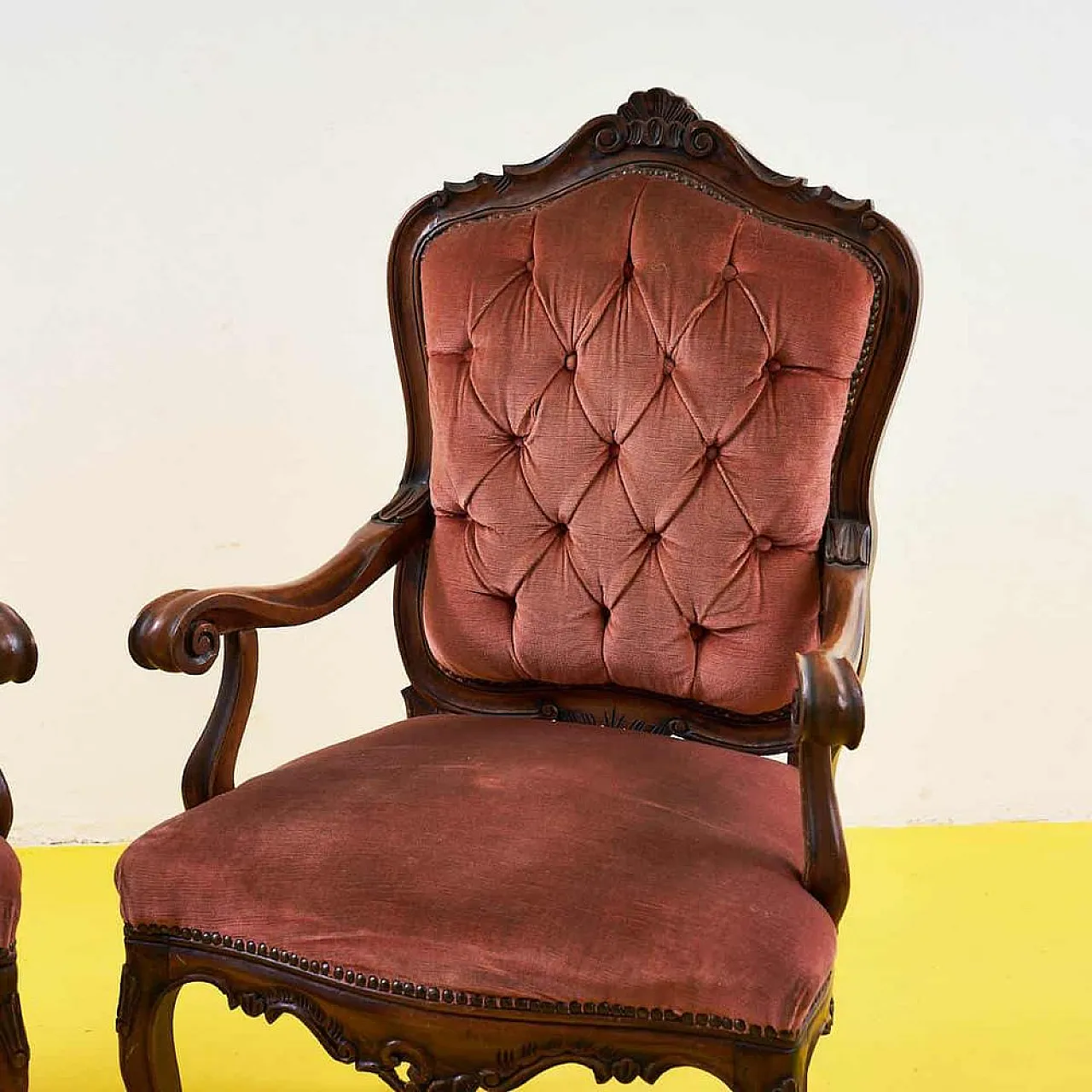 Pair of wooden and velvet armchairs, 1970s 2