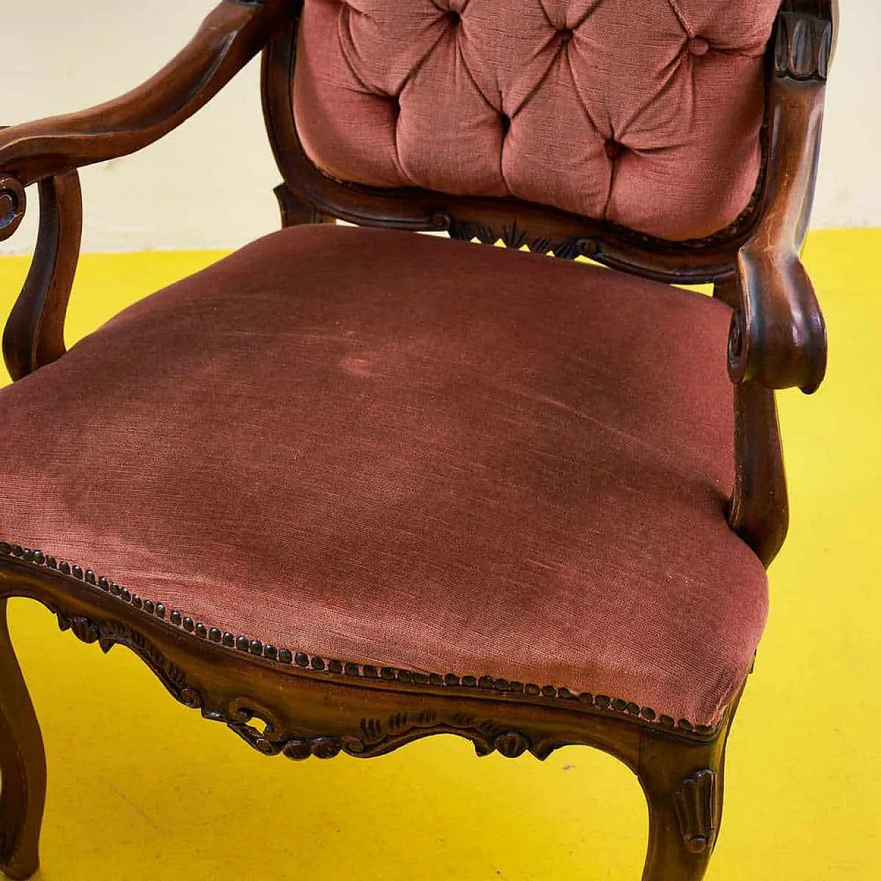 Pair of wooden and velvet armchairs, 1970s 3