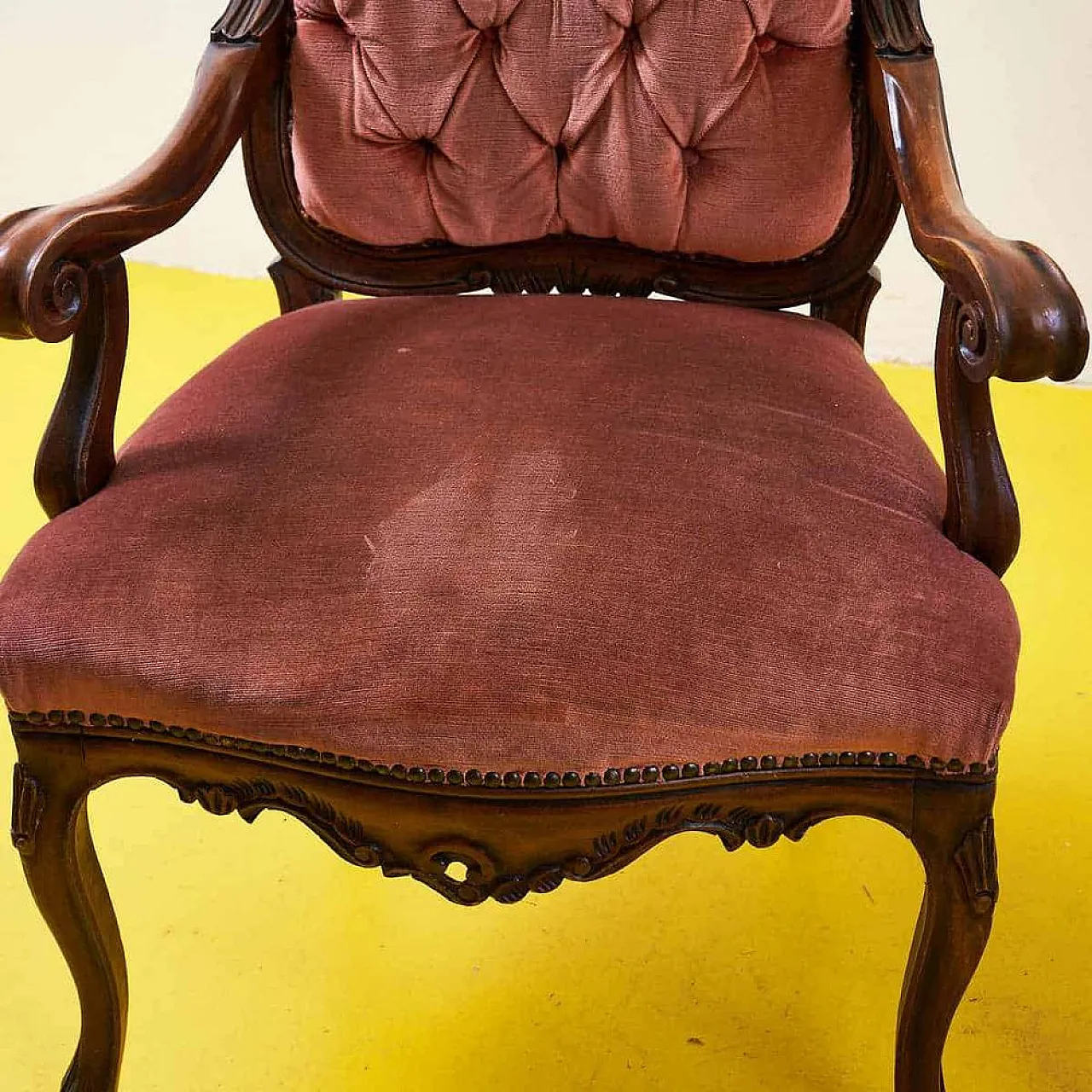 Pair of wooden and velvet armchairs, 1970s 4