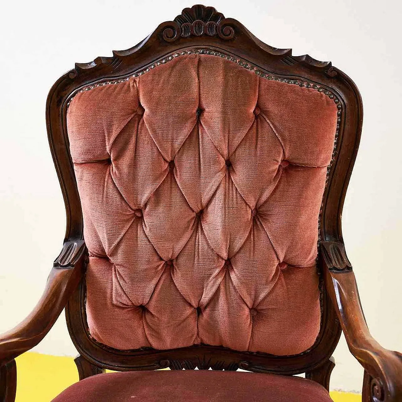 Pair of wooden and velvet armchairs, 1970s 5