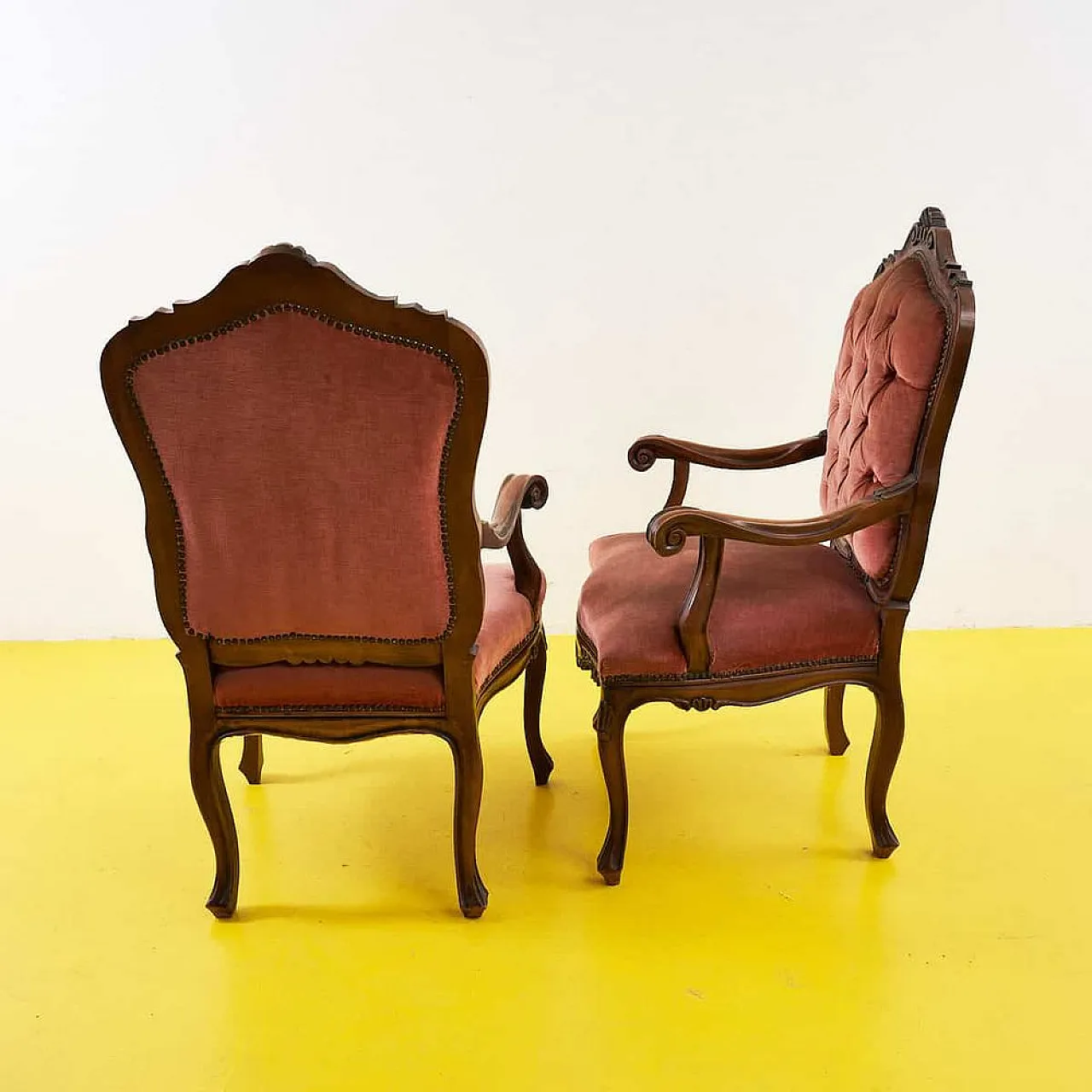 Pair of wooden and velvet armchairs, 1970s 6