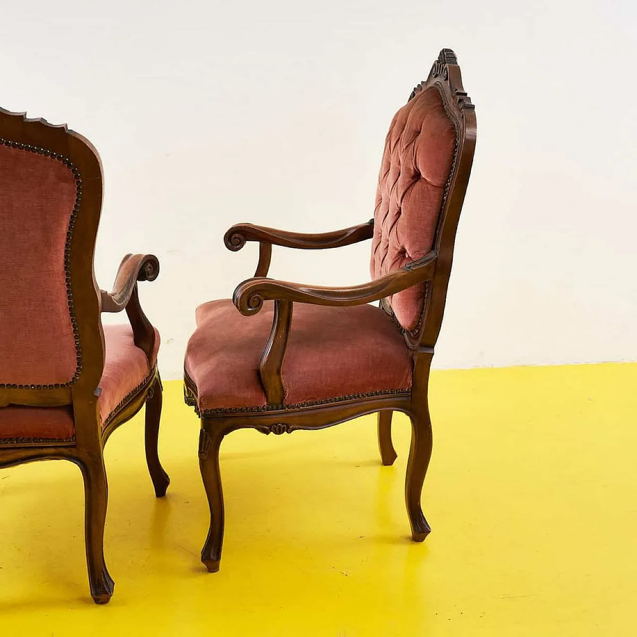 Pair of wooden and velvet armchairs, 1970s 7