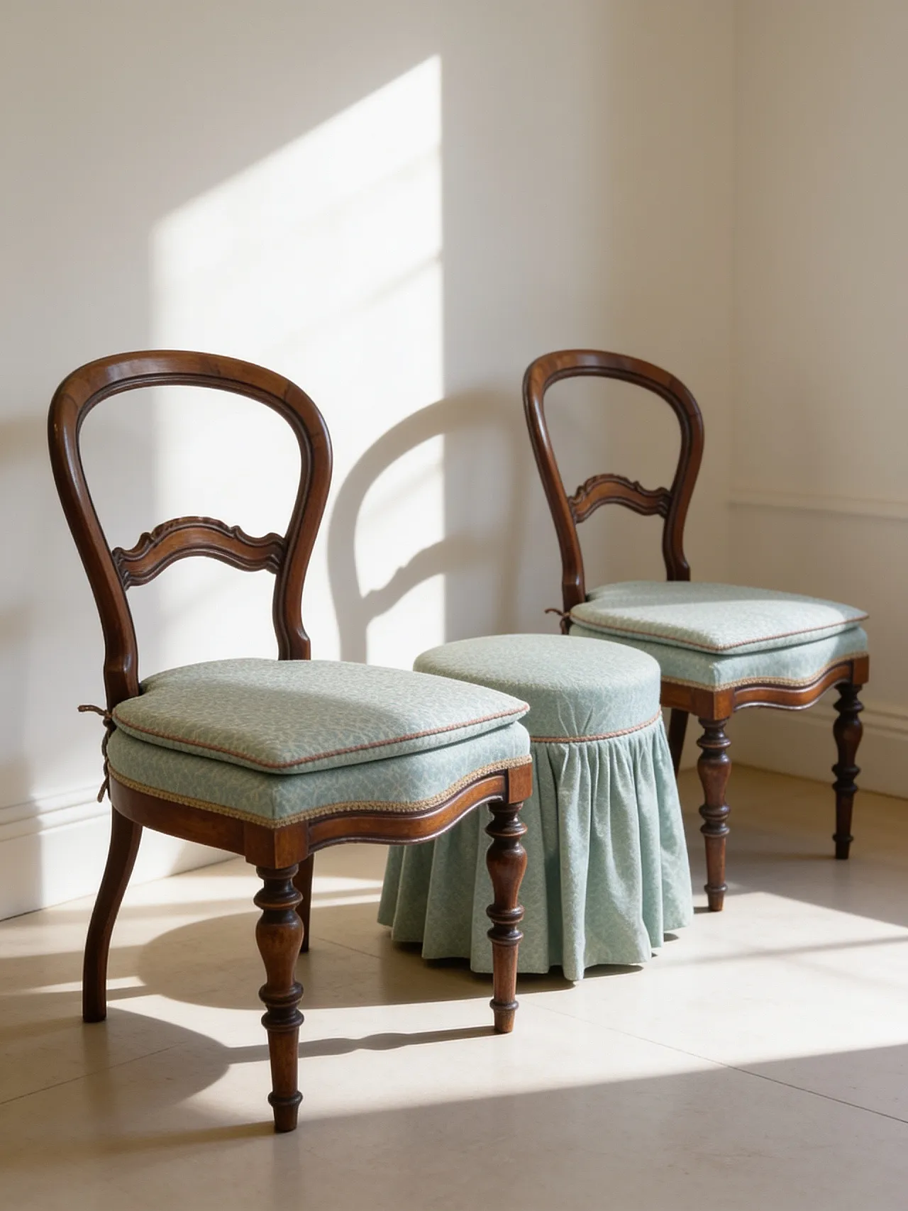 Antique Victorian era ballon back chairs and stool, mid 19th century. 1