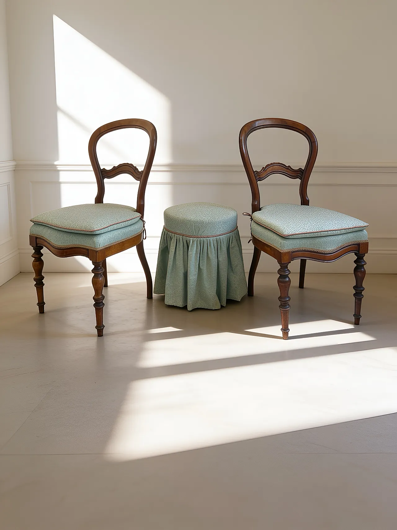 Antique Victorian era ballon back chairs and stool, mid 19th century. 2
