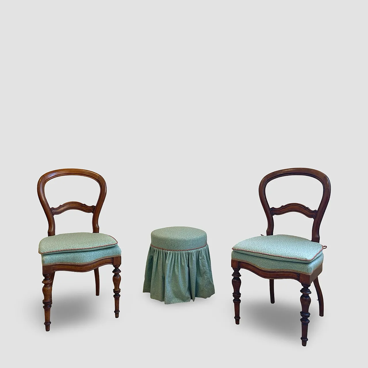 Antique Victorian era ballon back chairs and stool, mid 19th century. 4