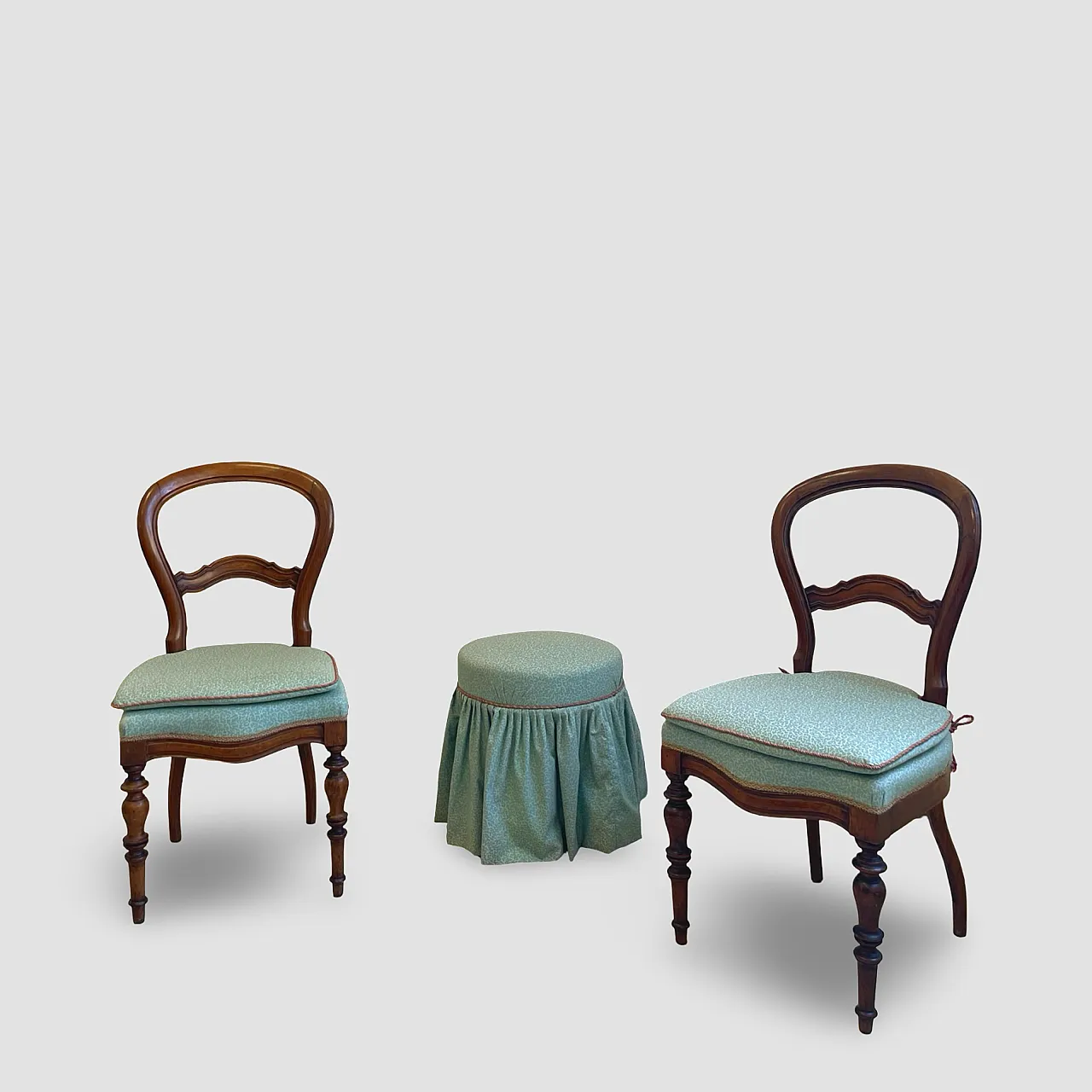 Antique Victorian era ballon back chairs and stool, mid 19th century. 5