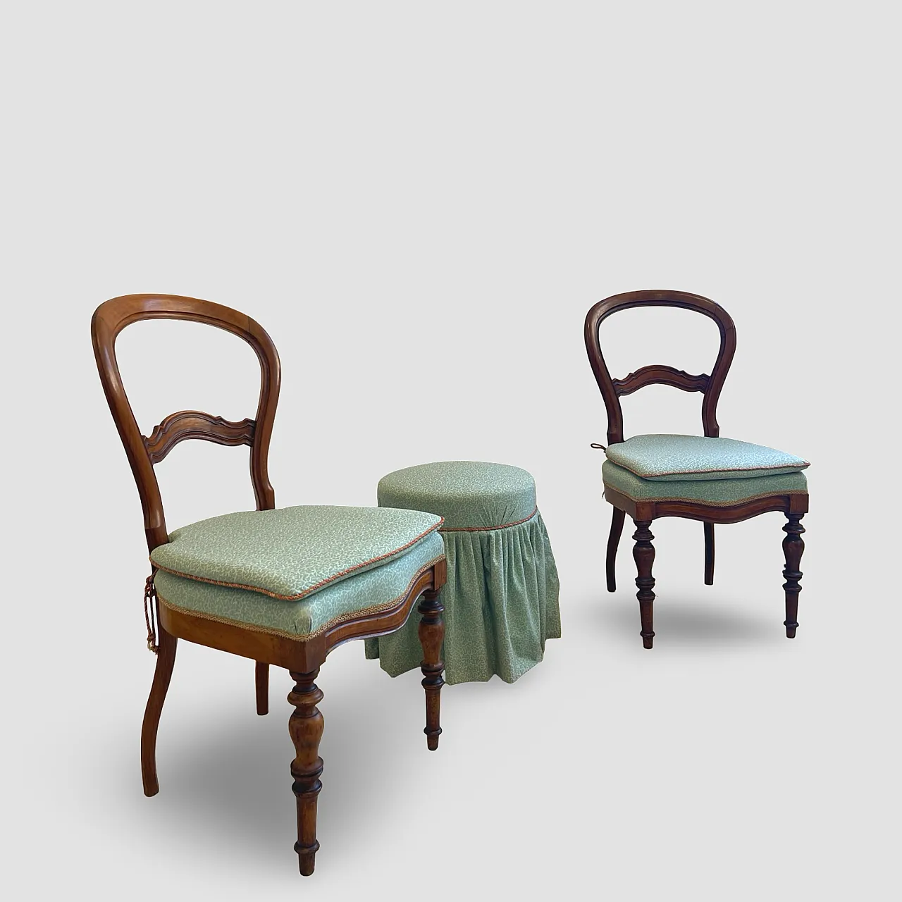 Antique Victorian era ballon back chairs and stool, mid 19th century. 6