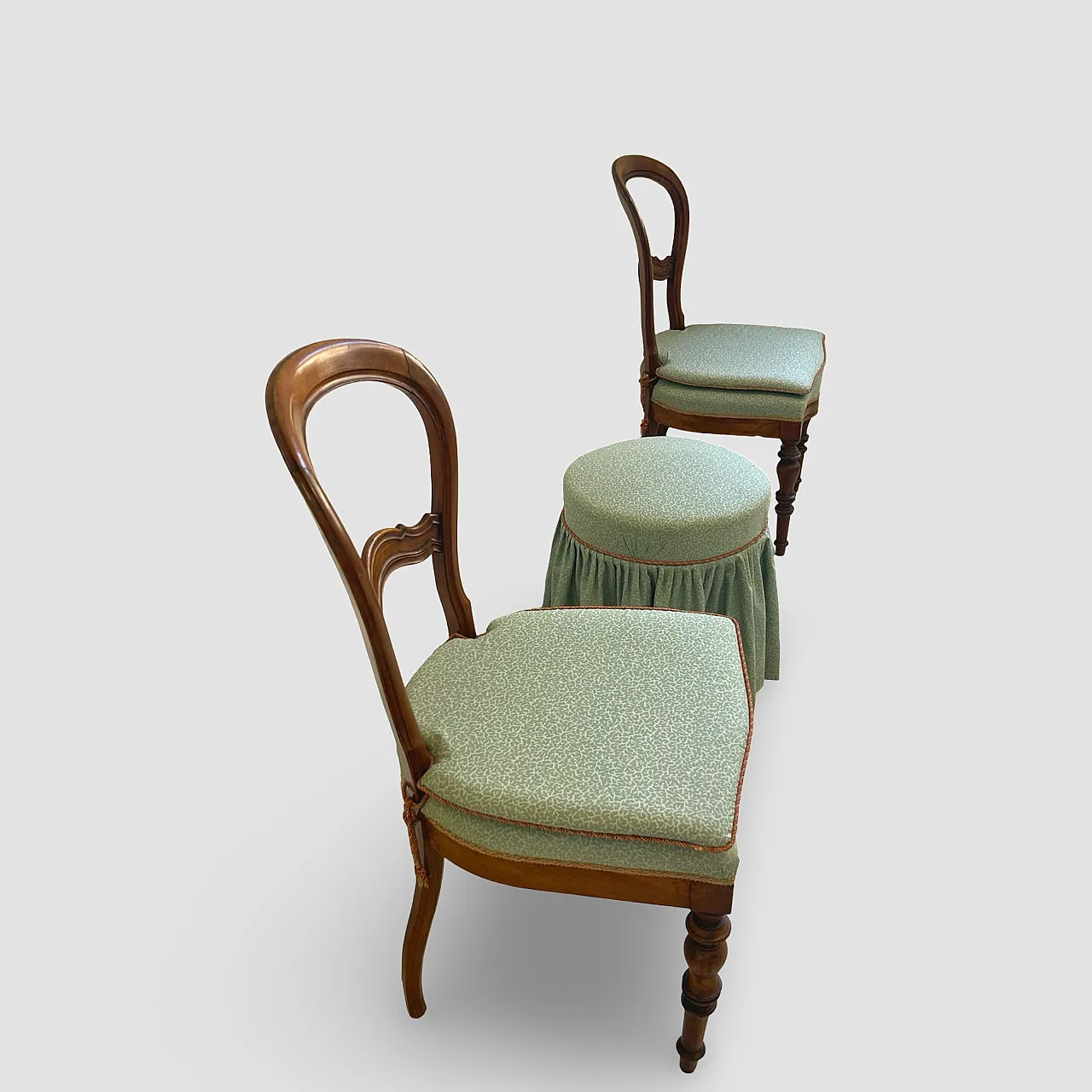 Antique Victorian era ballon back chairs and stool, mid 19th century. 12