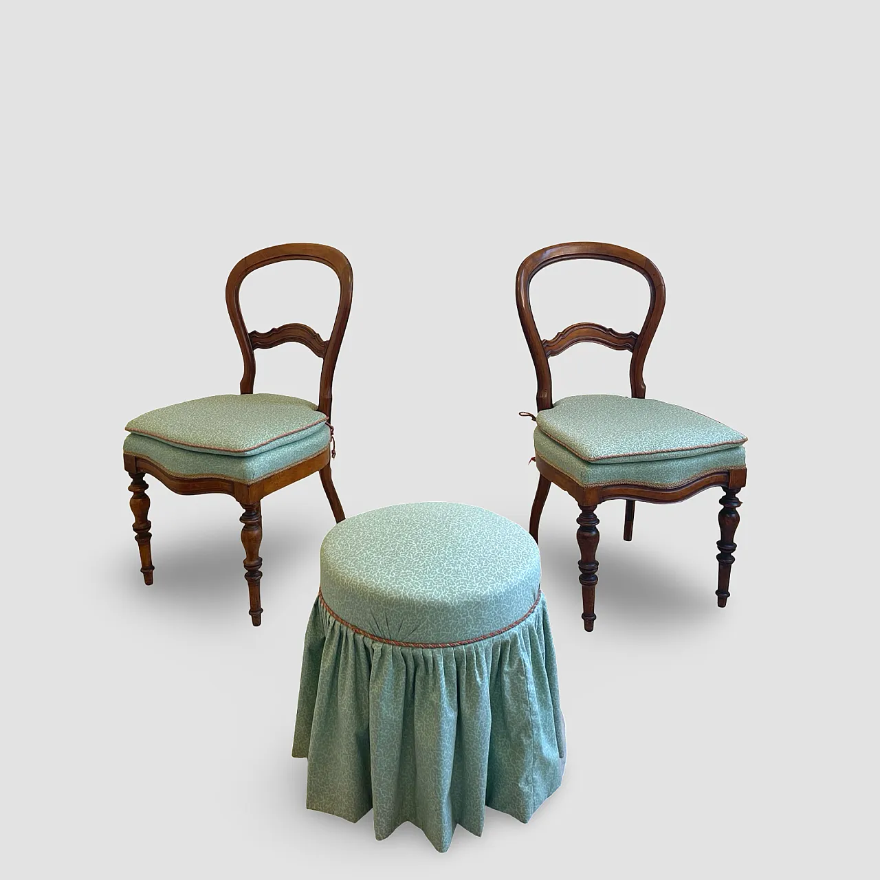 Antique Victorian era ballon back chairs and stool, mid 19th century. 14