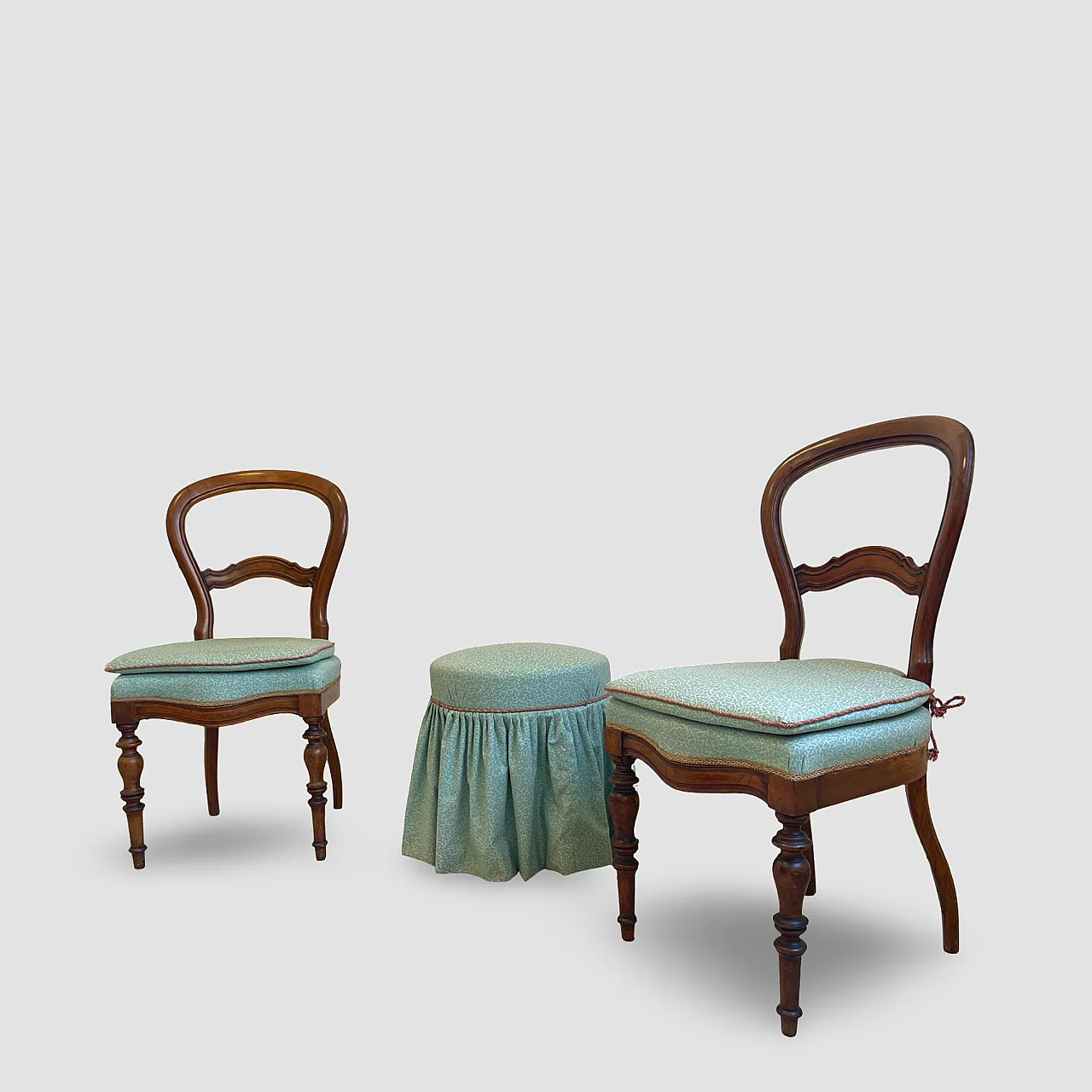 Antique Victorian era ballon back chairs and stool, mid 19th century. 15