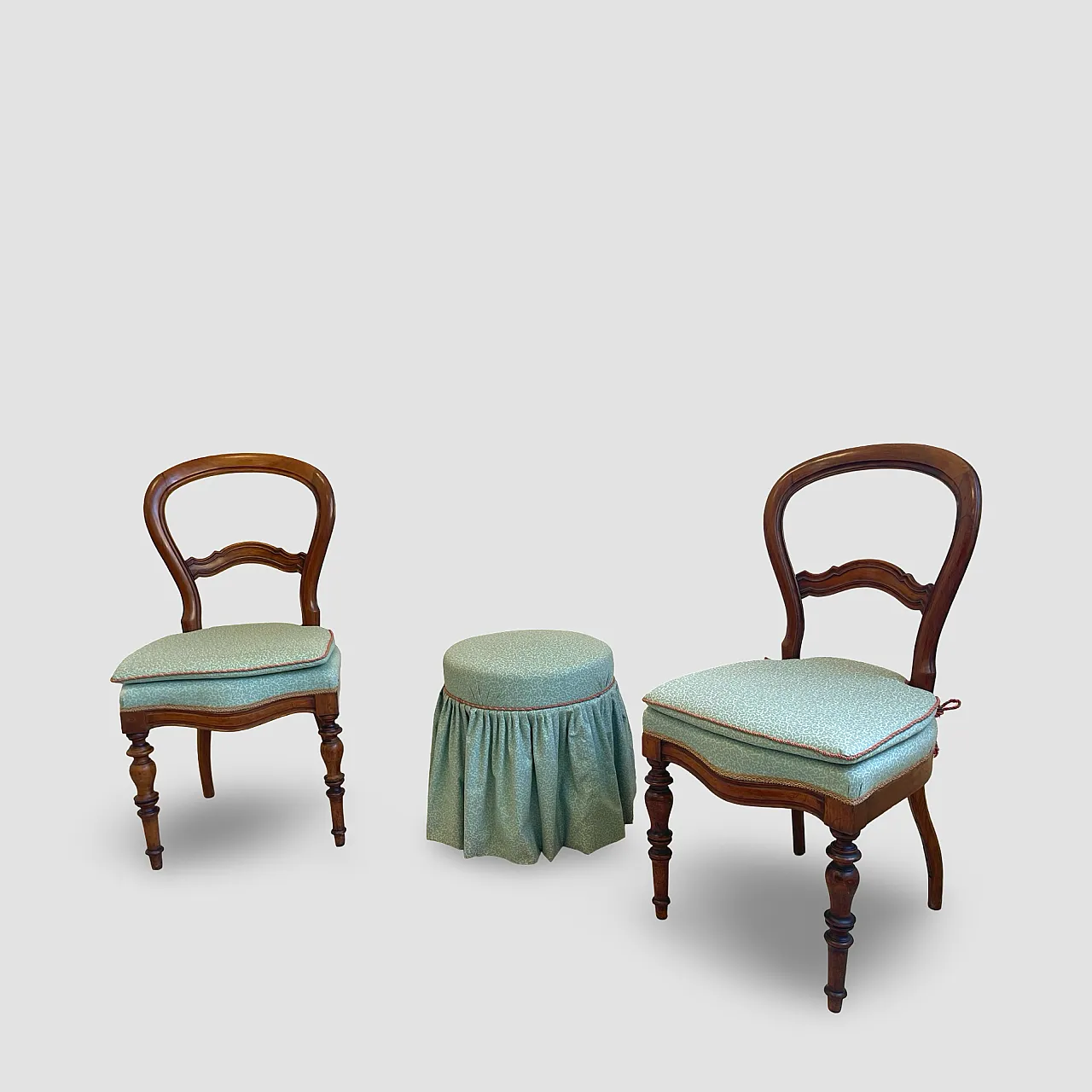 Antique Victorian era ballon back chairs and stool, mid 19th century. 18