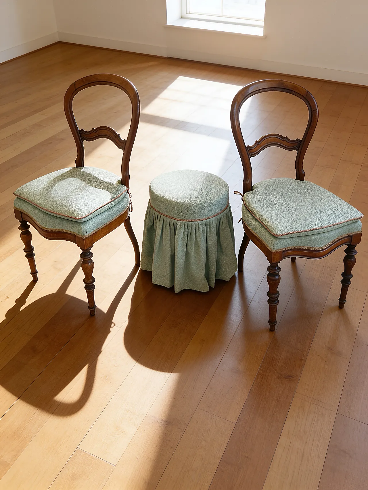 Antique Victorian era ballon back chairs and stool, mid 19th century. 40