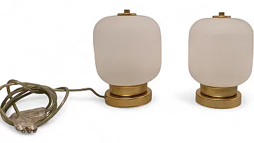Pair of table lamps with brass base and etched glass, 1990s