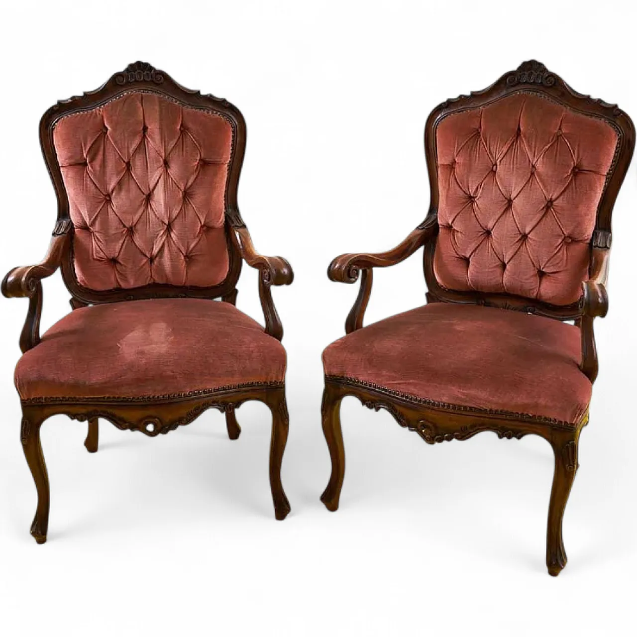 Pair of wooden and velvet armchairs, 1970s 9