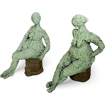 Coppia di sculture in argilla verde, anni '70
