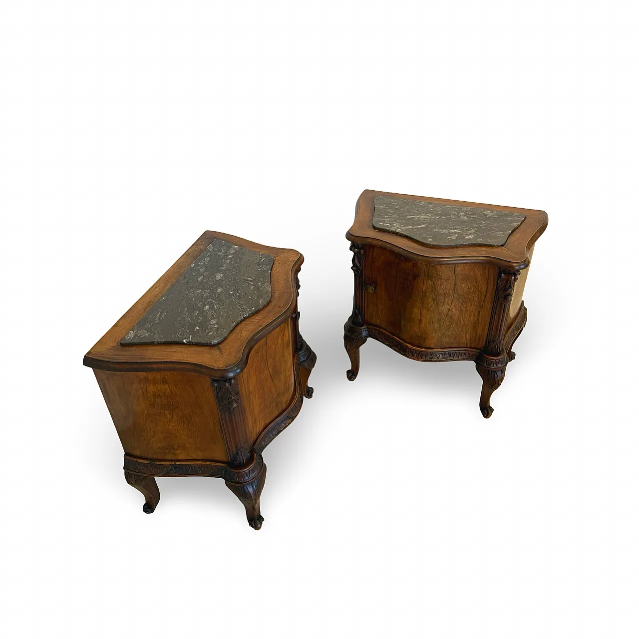 Art deco walnut serpentine nightstands, 30s 3
