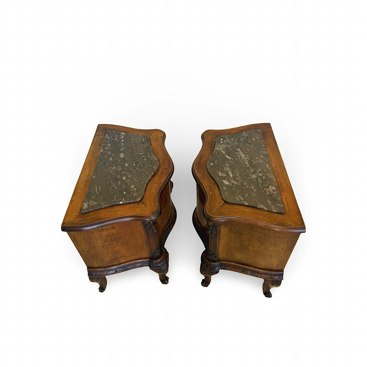 Art deco walnut serpentine nightstands, 30s 6