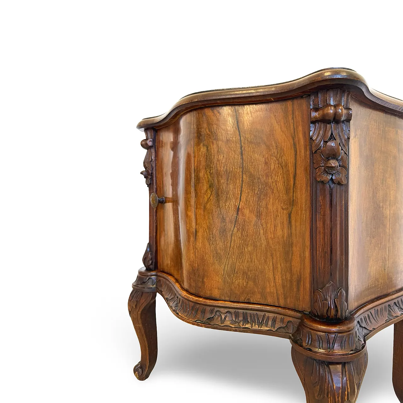Art deco walnut serpentine nightstands, 30s 50