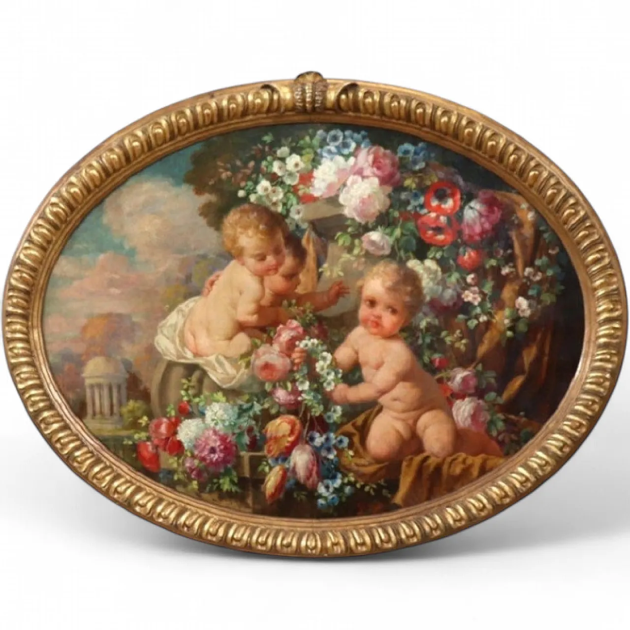 Oil painting on wood signed G. Ceragioli, putti with flowers, early 1900s 19