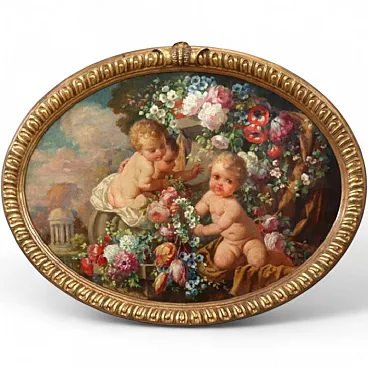 Oil painting on wood signed G. Ceragioli, putti with flowers, early 1900s