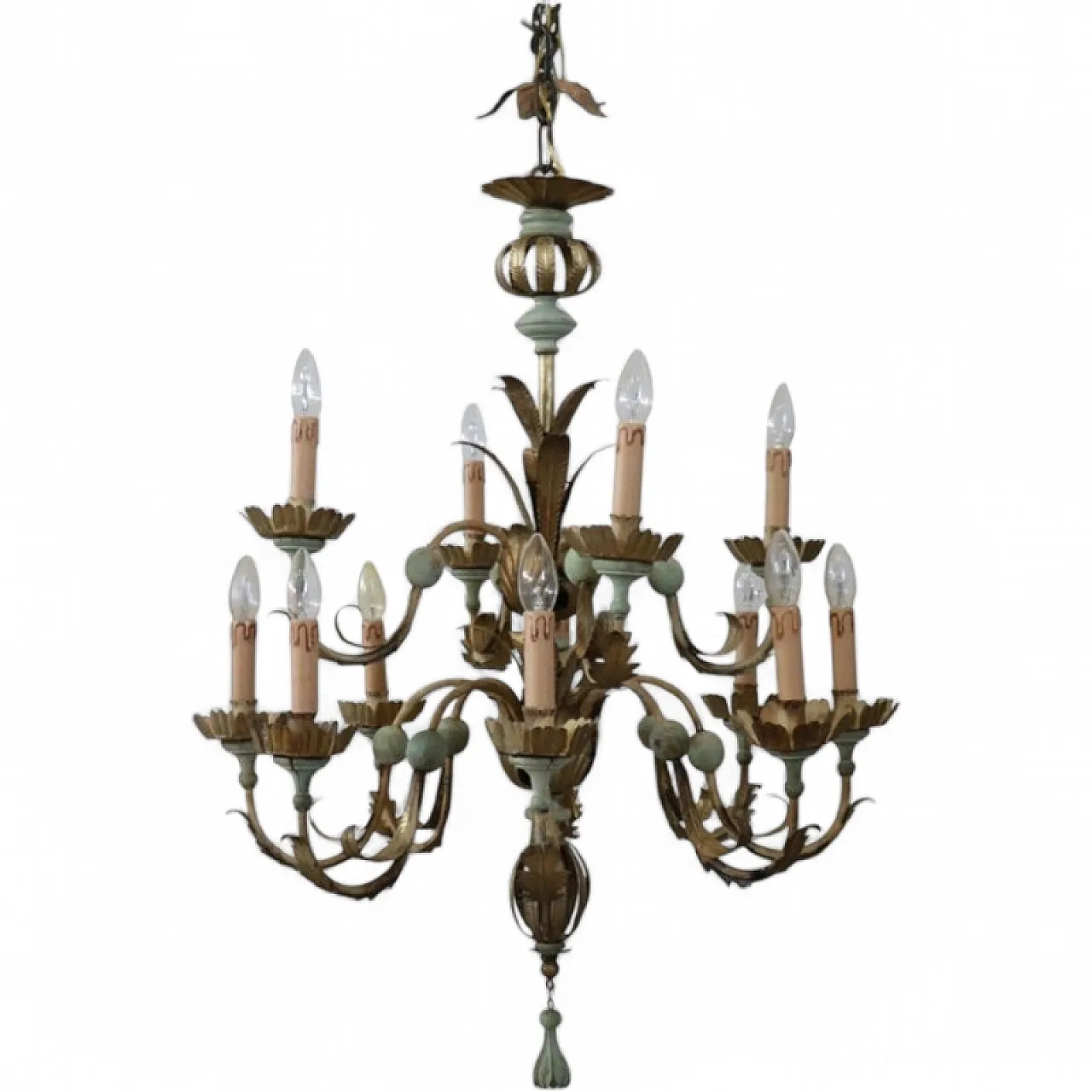 Lacquered wood and iron chandelier, 12 lights, early 1900s 15