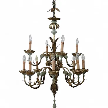 Lacquered wood and iron chandelier, 12 lights, early 1900s