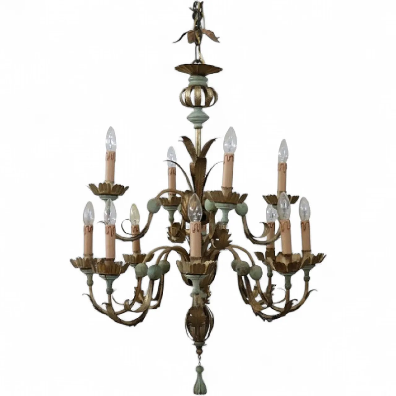Lacquered wood and iron chandelier, 12 lights, early 1900s 16