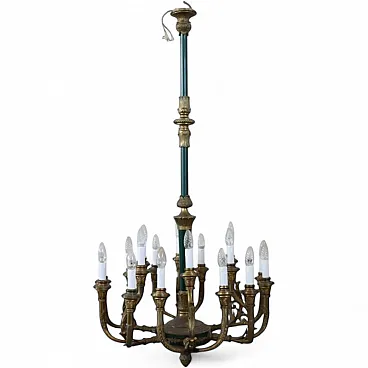Bronze and green lacquered metal chandelier, 18 lights, early 1900s