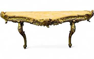 Baroque gilded console table with royal yellow marble top, 18th century