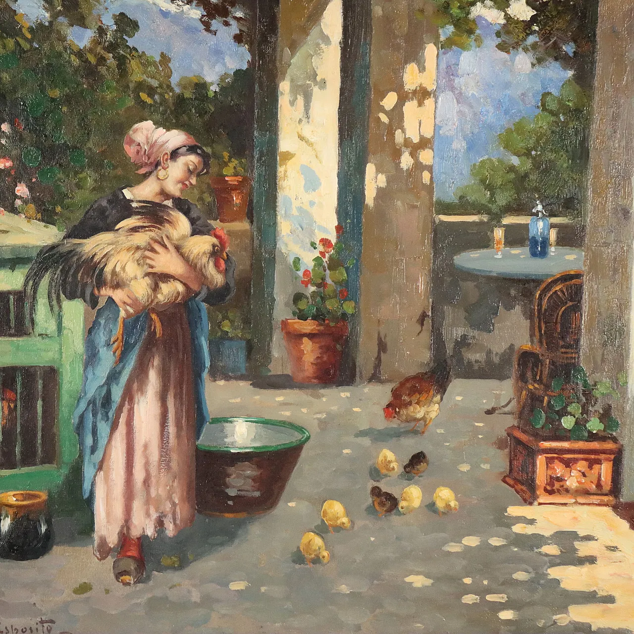Scene on the Veranda by G. Esposito, oil on canvas, 20th century 3