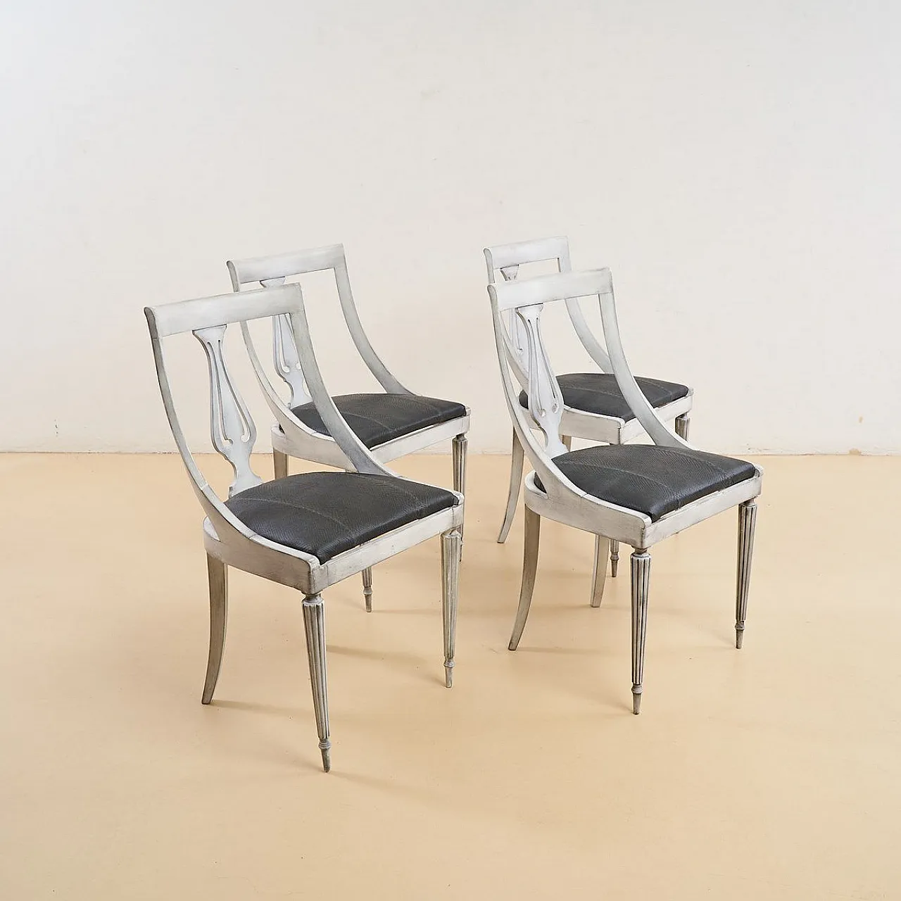 4 Gray-White Wooden Chairs and Genuine Leather Seats, 1940s 1