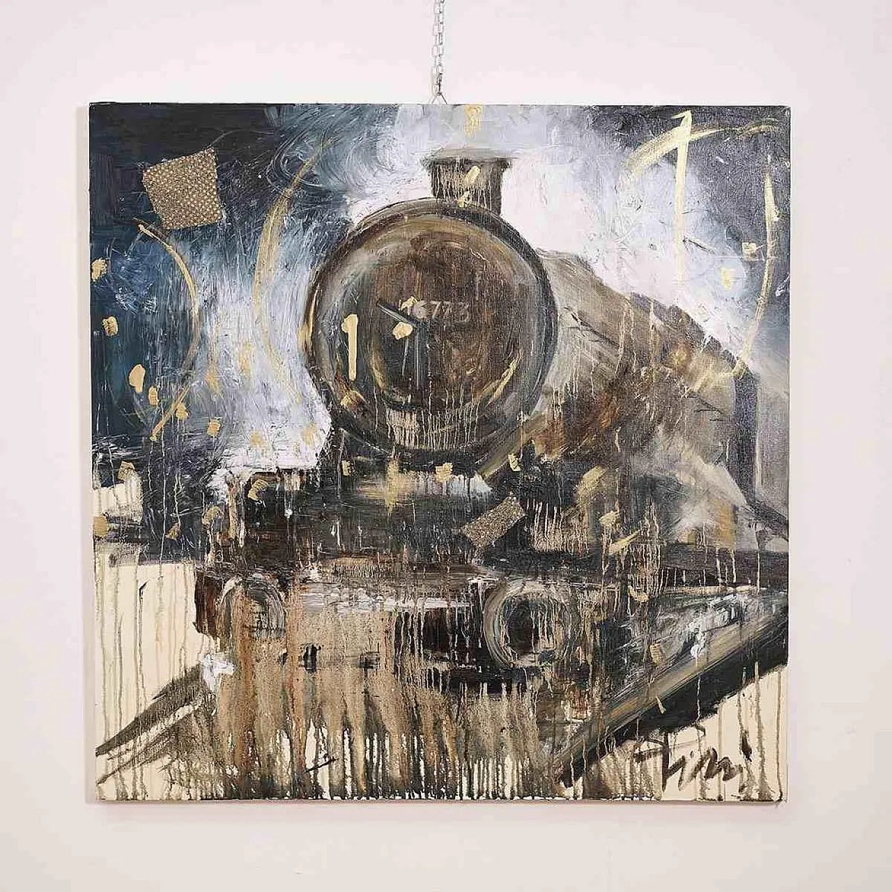 Alfredo Pini, Treno, dipinto ad olio quadrato, '900 1