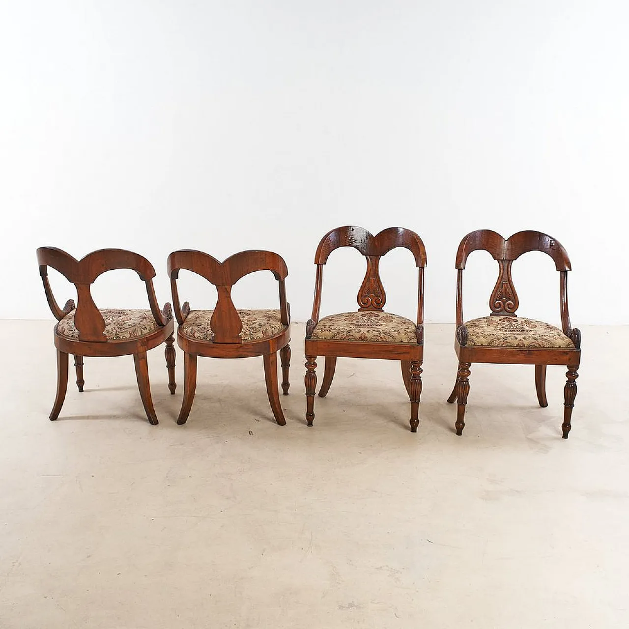 4 Neoclassical Chairs in Walnut and fabric, 20th century 2