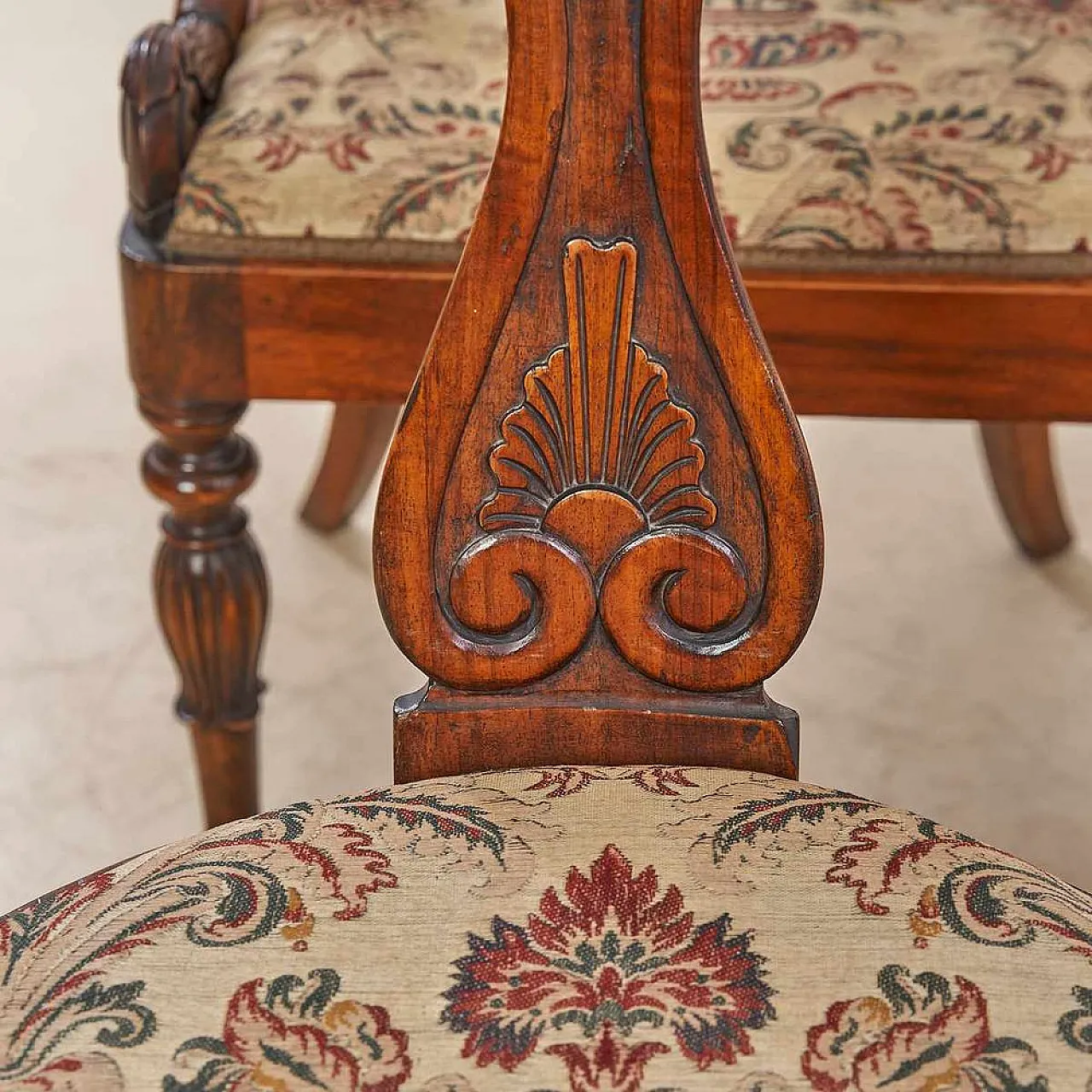 4 Neoclassical Chairs in Walnut and fabric, 20th century 6
