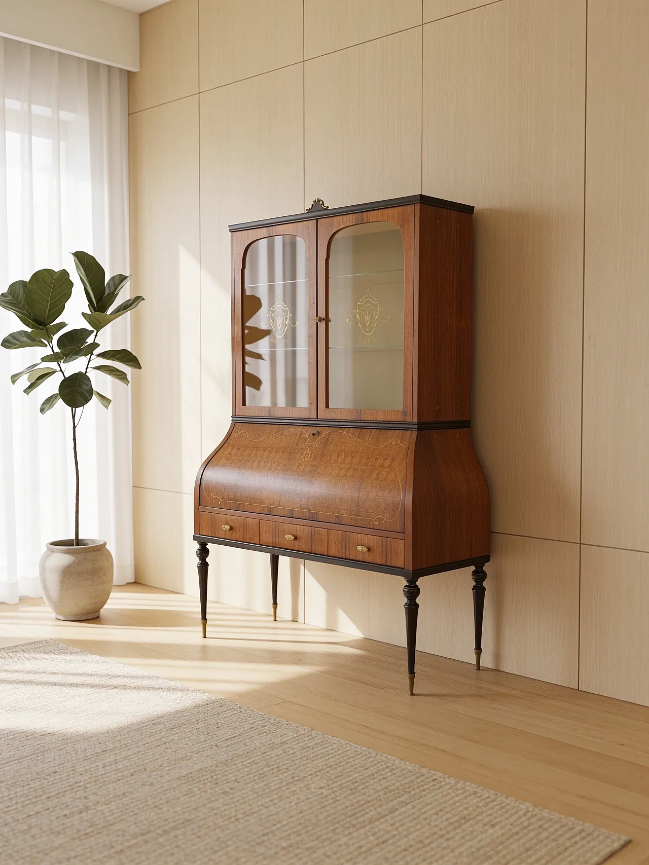 Italian Mid-Century Louis XV Style Marquetry Secrétaire Bookcase, 1960 1