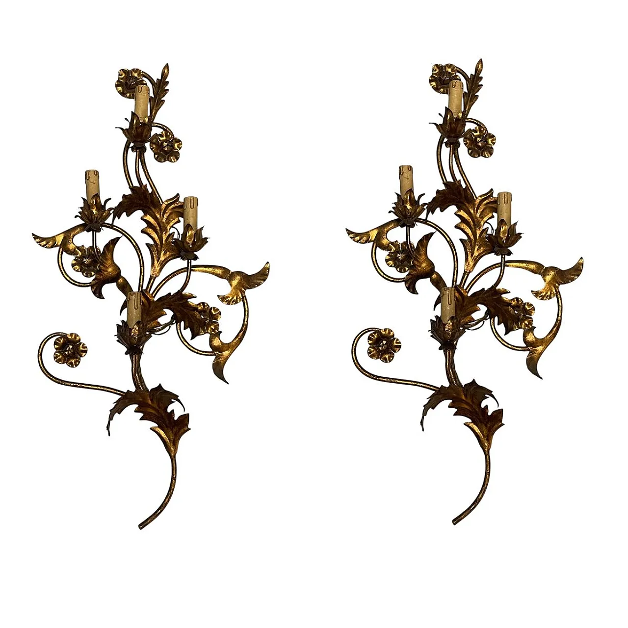 Pair of large golden Florentine wall lights, 1960s 1
