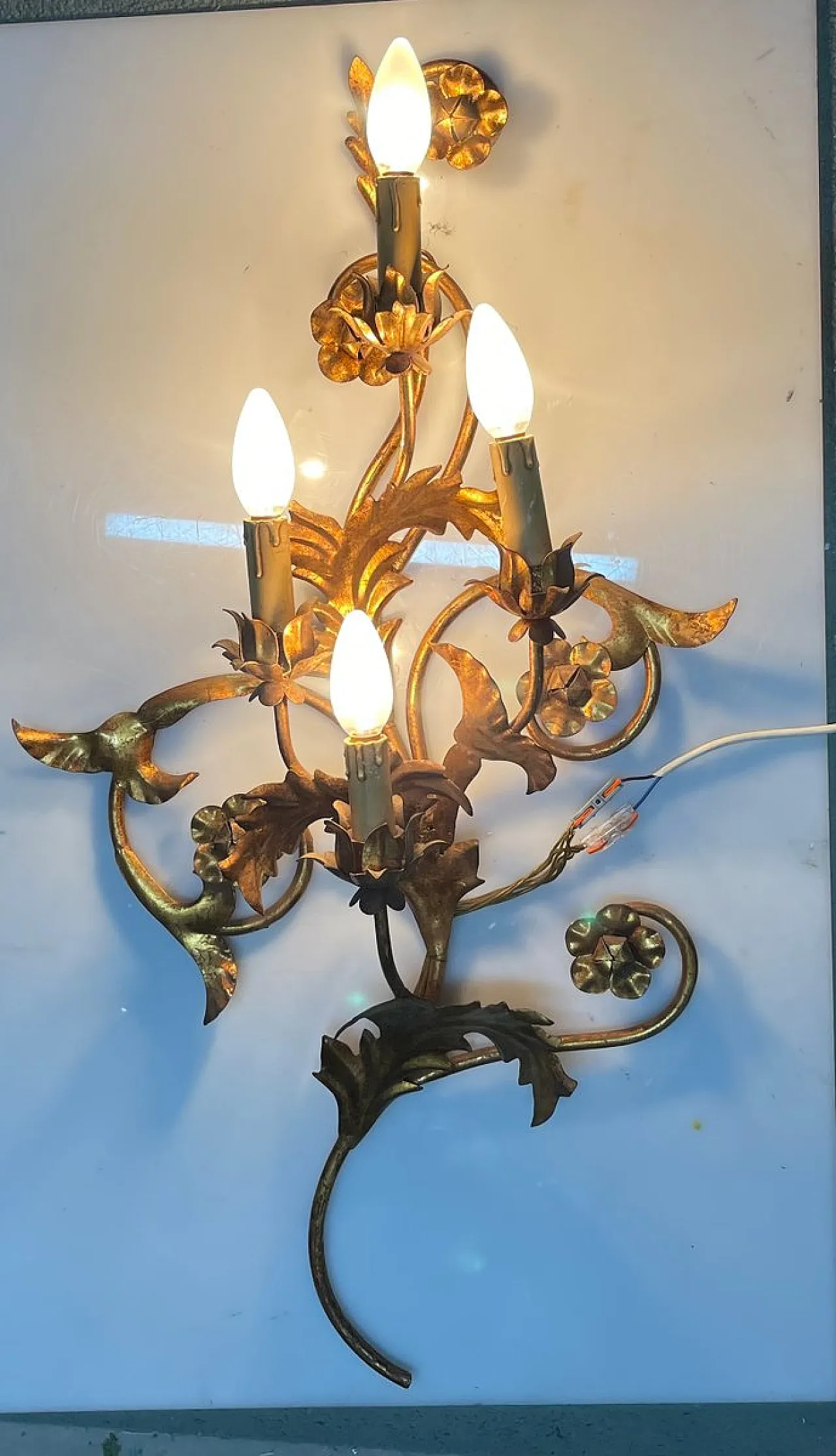 Pair of large golden Florentine wall lights, 1960s 3