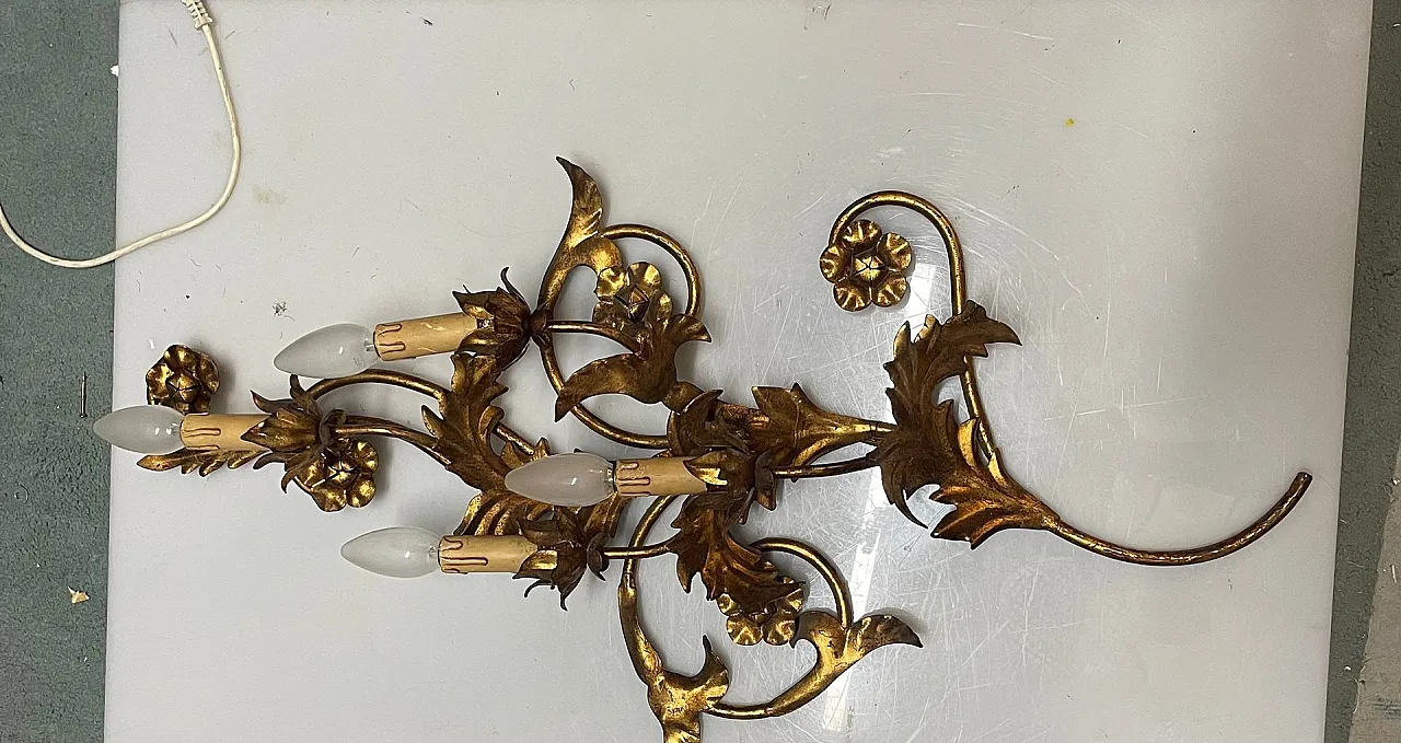 Pair of large golden Florentine wall lights, 1960s 5