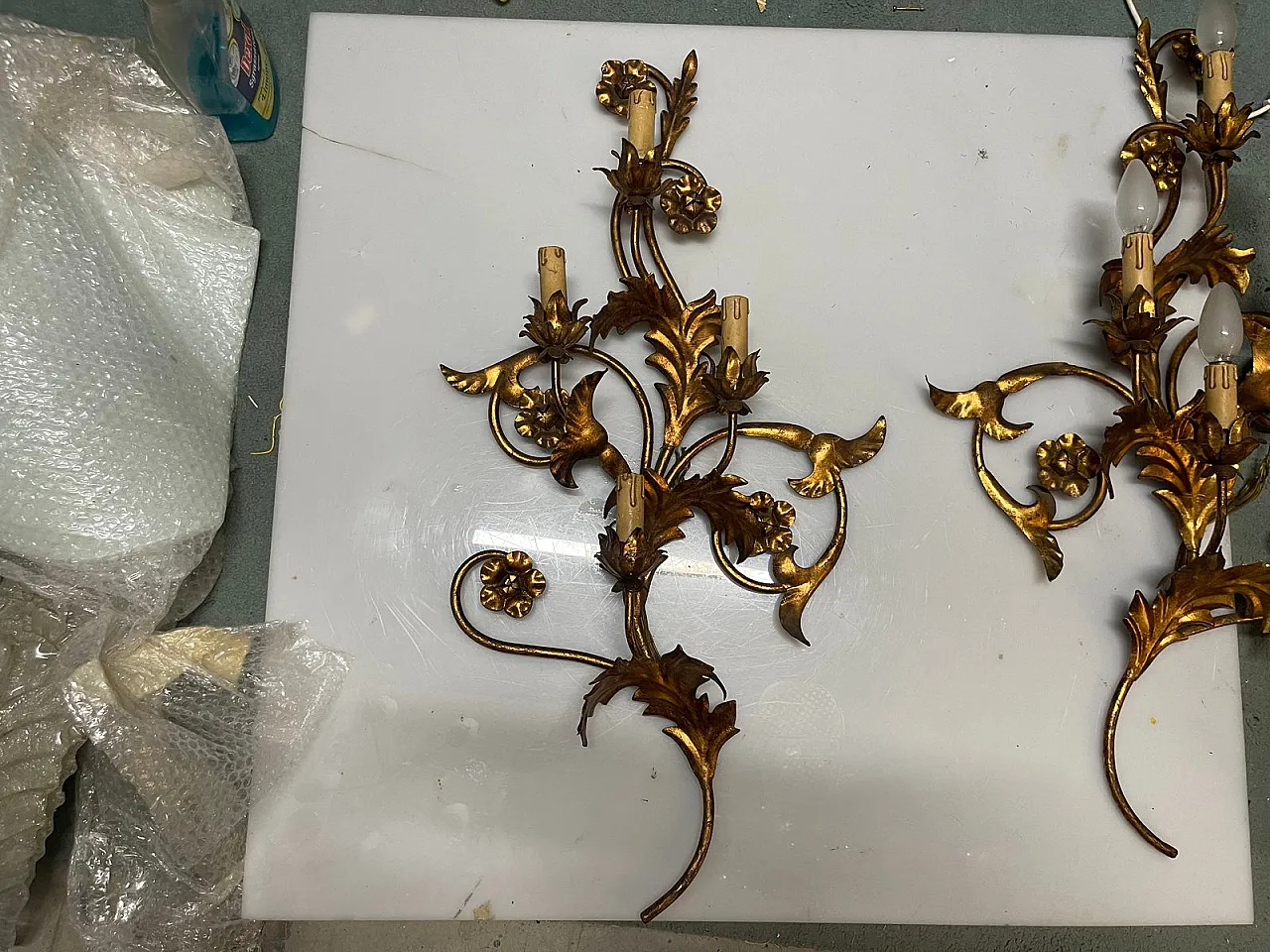 Pair of large golden Florentine wall lights, 1960s 9