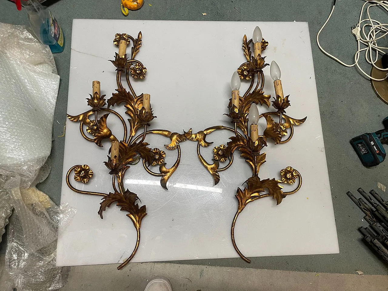 Pair of large golden Florentine wall lights, 1960s 10