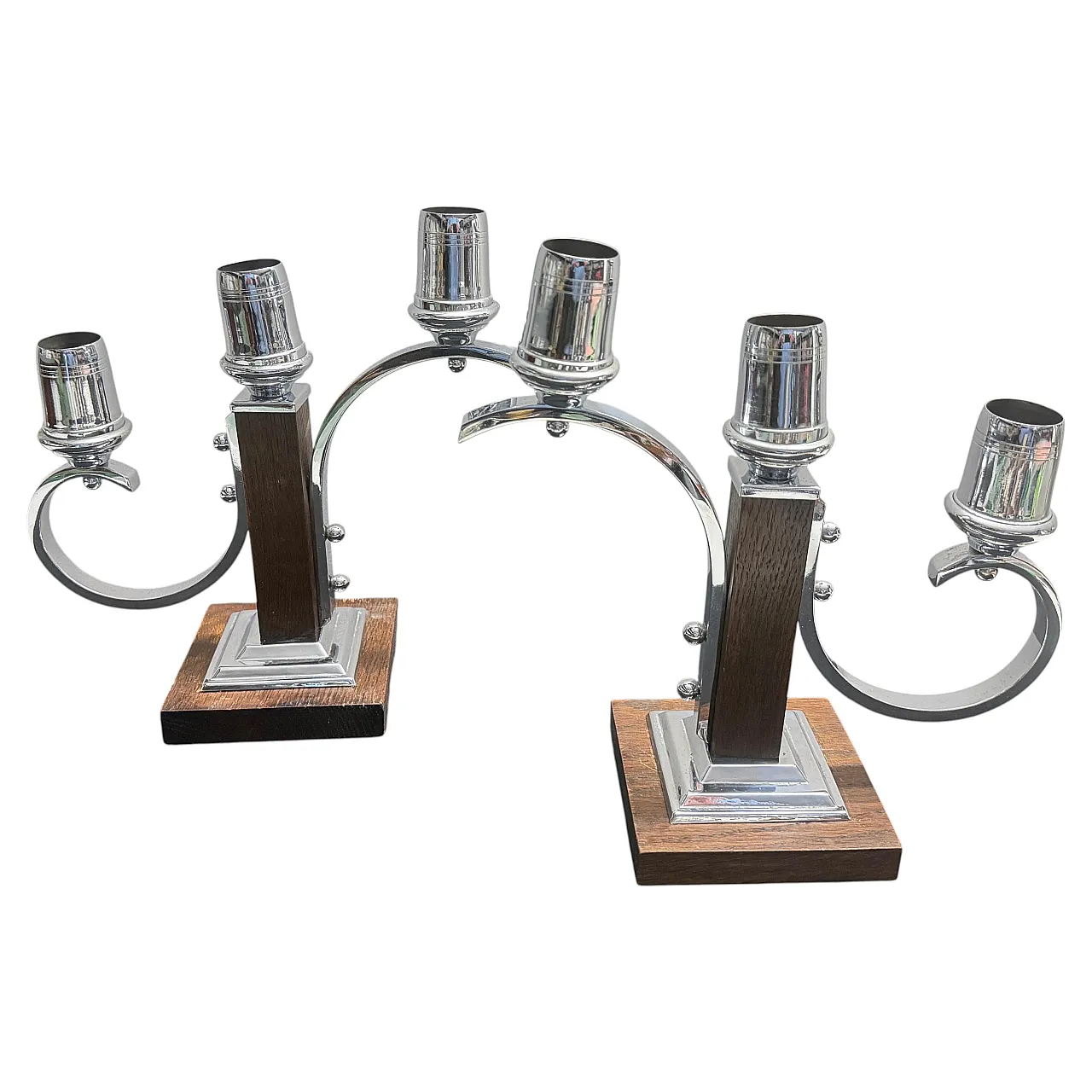 Pair of fruit wood and chromed metal candelabras, 1940s 1