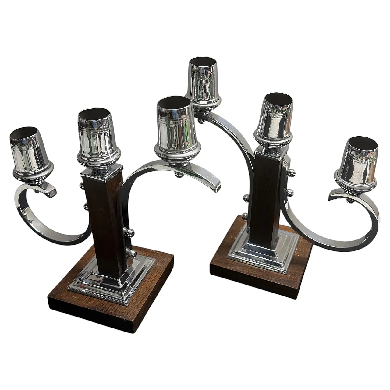 Pair of fruit wood and chromed metal candelabras, 1940s 2